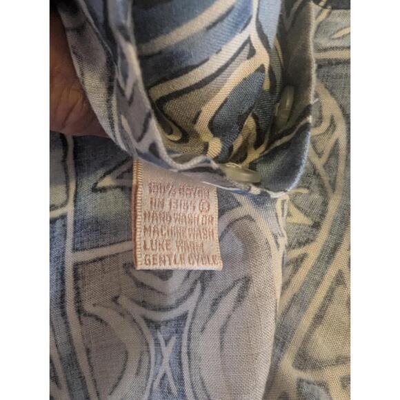 Campia Moda Hawaiian Shirt XL Rayon Blue Taupe Tribal Fish Camp Aloha - Picture 4 of 8